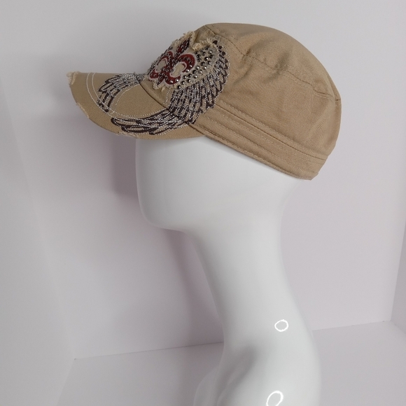 TAN Fleur-de-lis  CAP Y2K STYLE MILITARY‎ W/ RHINESTONE WING DETAIL - Picture 7 of 7